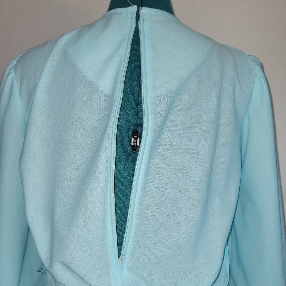 Vintage  1960s JENNIFER GEE Light Blue Pleated Textured Lines  Midi Dress  Sz 14 - Picture 7 of 13